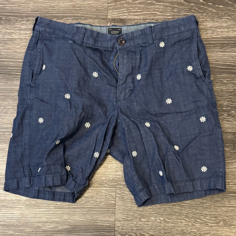 J. Crew Blue Flat Front Shorts with Embroidered Design